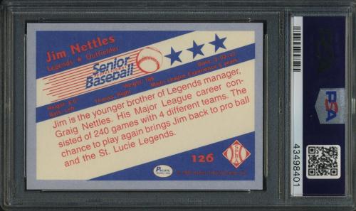 1989-90 Pacific Senior League #126a Jim Nettles ERR/(Writing on/bat knob) PSA 10 #43498401 - Back