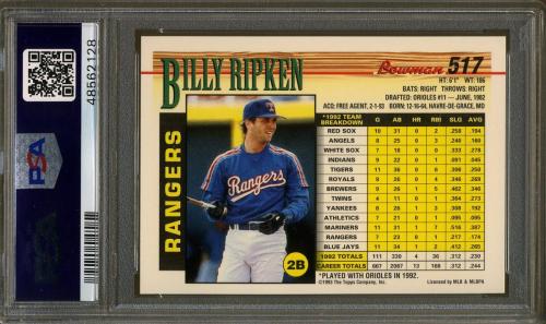 1993 Bowman #517 Billy Ripken PSA 9 #48562128 - Back