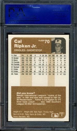 1983 Fleer #70 Cal Ripken PSA 10 #30692018 - Back