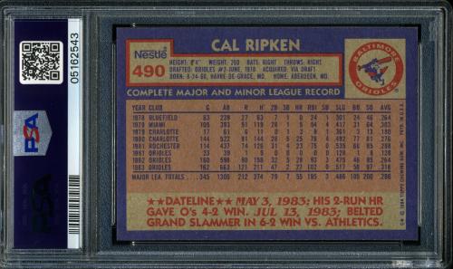 1984 Nestle 792 #490 Cal Ripken PSA 10 #05162543 - Back