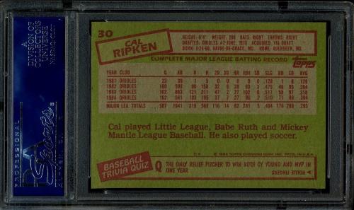 1985 Topps #030 Cal Ripken [No Orange Stripe on Leg] PSA 10 #16982279 - Back