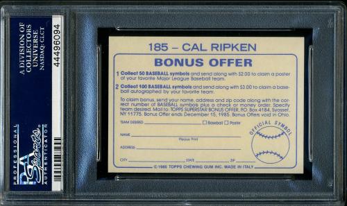 1985 Topps Stickers #185 Cal Ripken PSA 9 #4496094 - Back