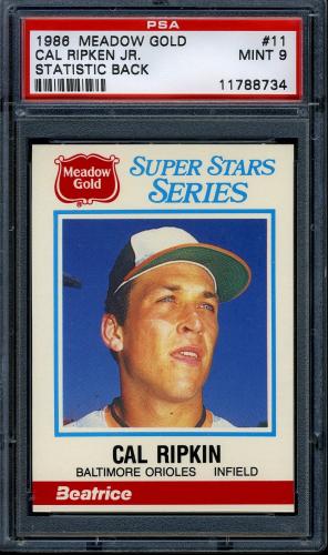 1986 Meadow Gold Stat Back #11 Cal Ripken ERR-sic, Ripkin PSA 9 #11788734