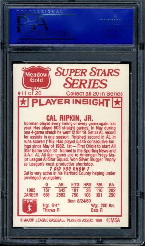 1986 Meadow Gold Stat Back #11 Cal Ripken ERR-sic, Ripkin PSA 9 #11788734 - Back