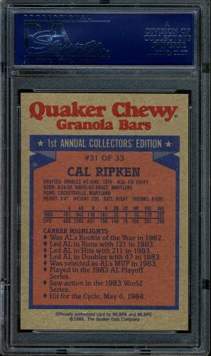 1986 Quaker Granola #31 Cal Ripken PSA 10 #19786242 - Back