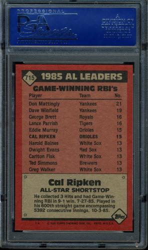 1986 Topps #715 Cal Ripken AS PSA 10 #14550236 - Back