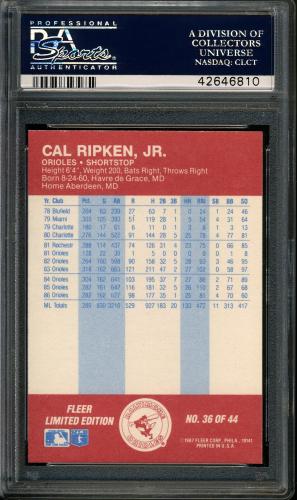 1987 Fleer Baseball All-Stars #36 Cal Ripken PSA 10 #42646810 - Back