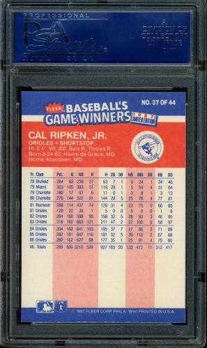 1987 Fleer Game Winners #37 Cal Ripken PSA 10 #09151679 - Back