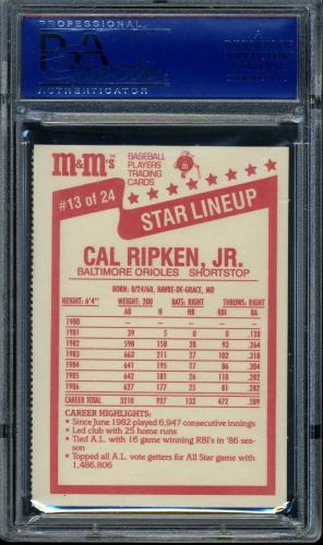 1987 M and M's Star Lineup #13 Cal Ripken PSA 10 #14436072 - Back