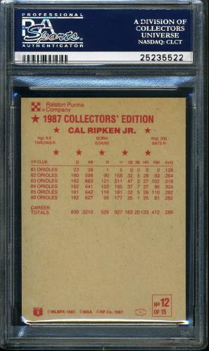 1987 Ralston Purina Collectors' Sheet #12 Cal Ripken Jr. PSA 10 #25235522 - Back