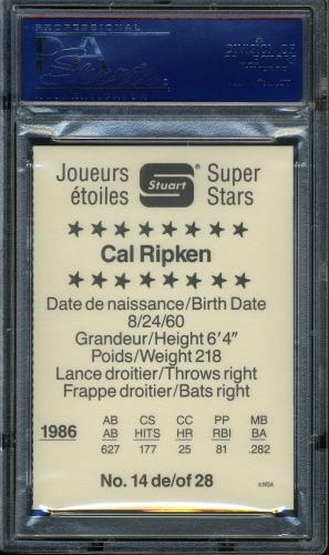 1987 Stuart Panels #14 Fred Lynn-Eddie Murray-Cal Ripken PSA 10 #17250938 - Back