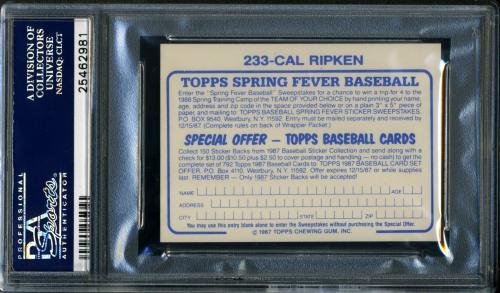 1987 Topps Stickers - Hardback Test #233 Cal Ripken PSA 10 #25462981 - Back