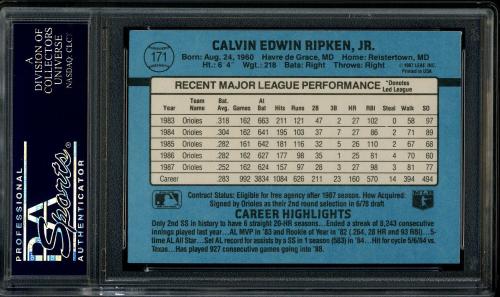1988 Donruss #171 Cal Ripken [Factory Set - Period after INC] PSA 10 #23432633 - Back