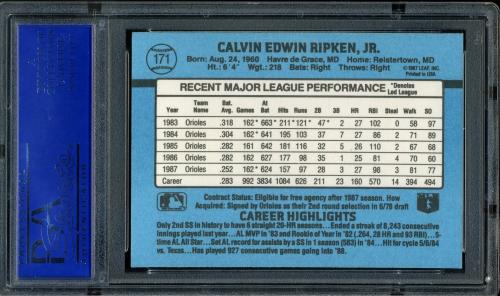 1988 Donruss #171 Cal Ripken [Pack Version - Period after INC] PSA 10 #81508420 - Back