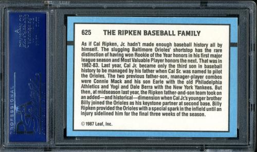 1988 Donruss #625 The Ripken Family [Factory Set - Period after INC] PSA 10 #16372520 - Back