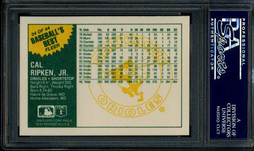 1988 Fleer Sluggers/Pitchers #34 Cal Ripken UER-(Misspelled Ripkin-on card front) PSA 10 #22013327 - Back