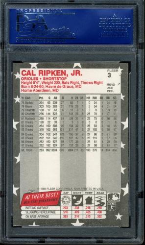 1988 Fleer Sticker Cards #3 Cal Ripken PSA 10 #14845646 - Back