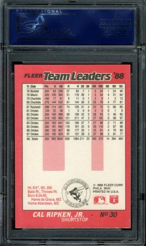 1988 Kay-Bee Team Leaders #30 Cal Ripken PSA 10 #19791175 - Back