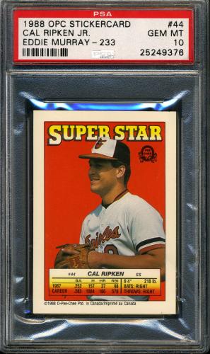 1988 O-Pee-Chee Stickercard #44 Cal Ripken/E. Murray PSA 10 #25249376