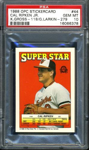 1988 O-Pee-Chee Stickercard #44 Cal Ripken/K. Gross/G. Larkin PSA 10 #16066378
