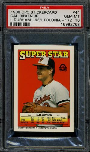1988 O-Pee-Chee Stickercard #44 Cal Ripken/L. Durham/L. Polonia PSA 10 #15992768