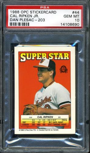 1988 O-Pee-Chee Stickercard #44 Cal Ripken/D. Pleasac PSA 10 #14108690