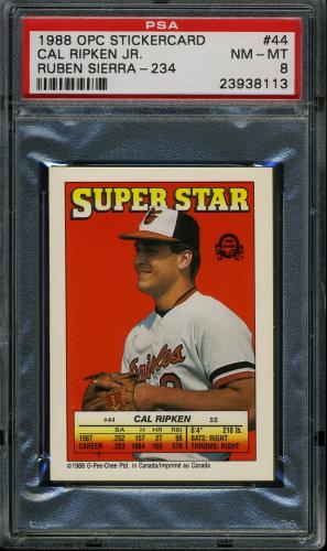 1988 O-Pee-Chee Stickercard #44 Cal Ripken/R. Sierra PSA 8 #23938113