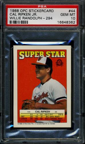 1988 O-Pee-Chee Stickercard #44 C. Ripken, Jr./W. Randolph PSA 10 #16648362
