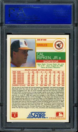1988 Score #550 Cal Ripken PSA 10 #31053755 - Back