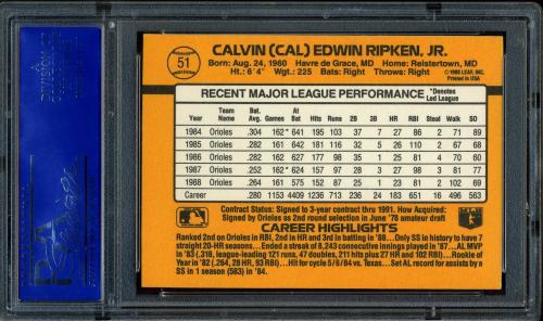 1989 Donruss #51 Cal Ripken [Period after INC / *Denotes] PSA 10 #81259580 - Back