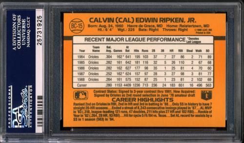 1989 Donruss Bonus MVP's #BC15 Cal Ripken [No period after INC / *Denotes] PSA 10 #25731925 - Back