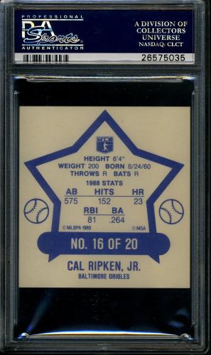 1989 MSA Iced Tea Discs - Square Proof #16 Cal Ripken PSA Authentic #26575035 - Back