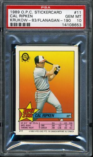 1989 O-Pee-Chee Stickercard #11 C. Ripken, Jr./Krukow #83/Flanagan #190 PSA 10 #14108653