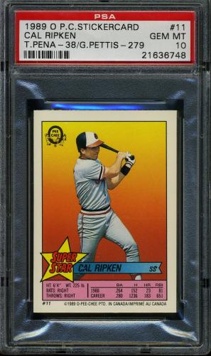 1989 O-Pee-Chee Stickercard #11 C. Ripken, Jr./Pena #38/Pettis #279 PSA 10 #21636748