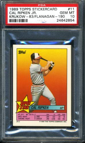 1989 Topps Stickercard #11 C. Ripken, Jr./Krukow #83/Flanagan #190 PSA 10 #24642854