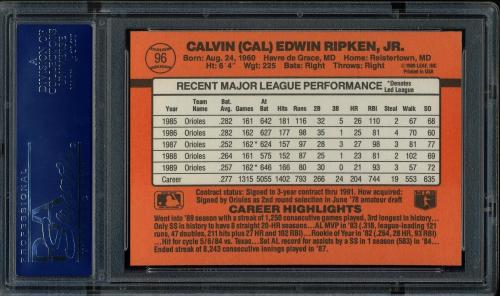 1990 Donruss #096 Cal Ripken [No period after INC] PSA 10 #16341966 - Back