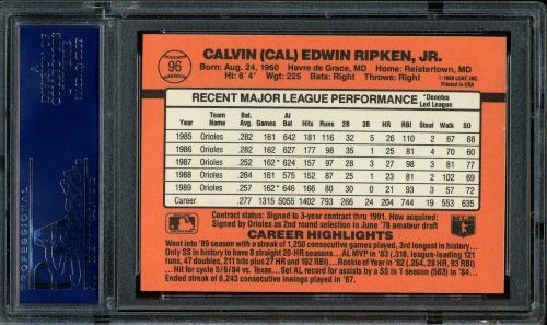 1990 Donruss #096 Cal Ripken [Period after INC] PSA 10 #19915688 - Back