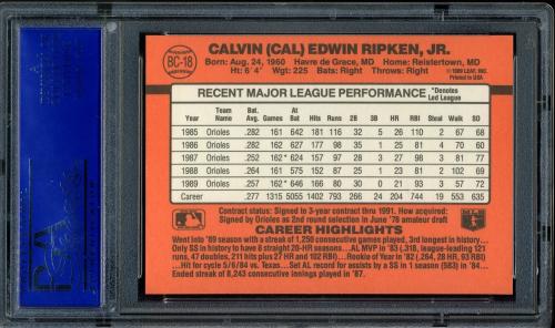 1990 Donruss Bonus MVP's #BC-18 Cal Ripken [Period after INC] PSA 9 #40375981 - Back