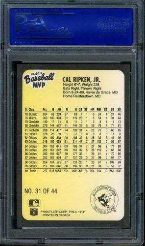 1990 Fleer Baseball MVP's #31 Cal Ripken [Thick line on top border] PSA 10 #90493325 - Back