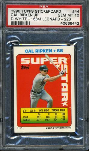 1990 Topps Sticker Backs #44 C. Ripken, Jr./White #168/Leonard #223 PSA 10 #40666442