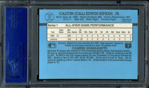 1991 Donruss #052 Cal Ripken AS [Period after INC - Border variation #1] PSA 10 #15436853 - Back