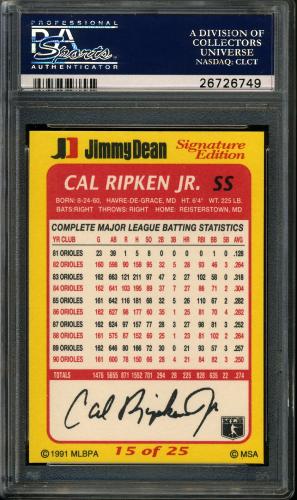 1991 Jimmy Dean #15 Cal Ripken PSA 10 #26726749 - Back