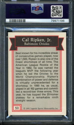 1991 Legends Magazine Silver Border #50 Cal Ripken, Jr. PSA 10 #79971196 - Back
