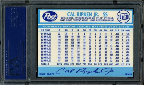 1991 Post #19 Cal Ripken PSA 10 #19324497 - Back