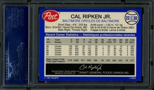 1991 Post Canadian #22 Cal Ripken PSA 10 #16511781 - Back