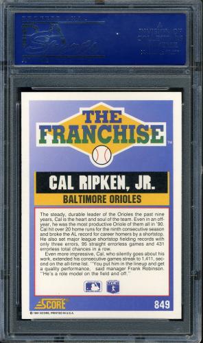 1991 Score #849 Cal Ripken FRAN PSA 10 #15677910 - Back