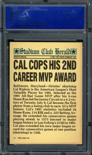 1991 Stadium Club Members Only * Cal Ripken [** print designation] PSA 10 #07125171 - Back