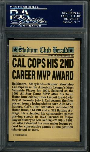 1991 Stadium Club Members Only * Cal Ripken [* print designation] PSA 10 #23035998 - Back