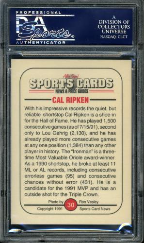 1991 Sports Cards Inserts #30 Cal Ripken, Jr. PSA 10 #24093554 - Back