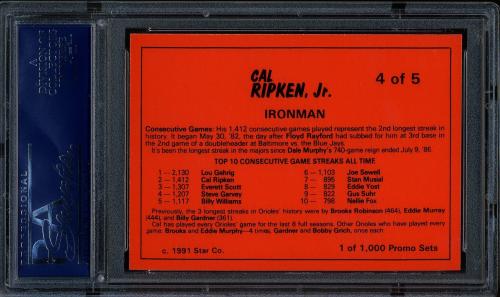1991 Star Cal Ripken Promo Set #4 Cal Ripken Jr. PSA 10 #21542473 - Back
